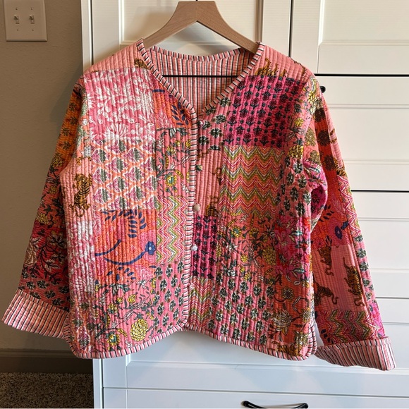 Etsy Jackets & Blazers - Pink Floral Patterned Colorful Patchwork Quilted Button Front Jacket Medium